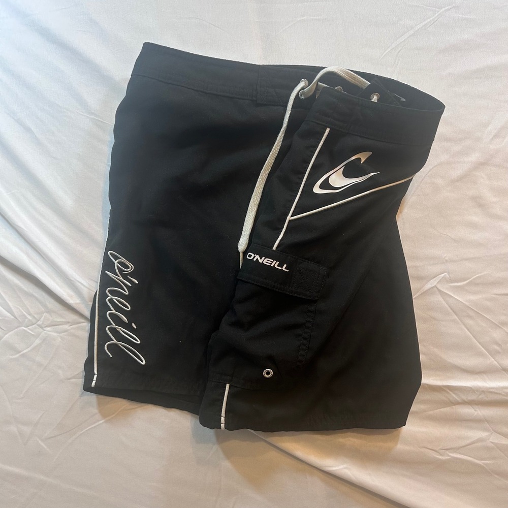 ONeill Mens Black Board Shorts Swim Trunks Size 11 Cargo Pocket White Piping